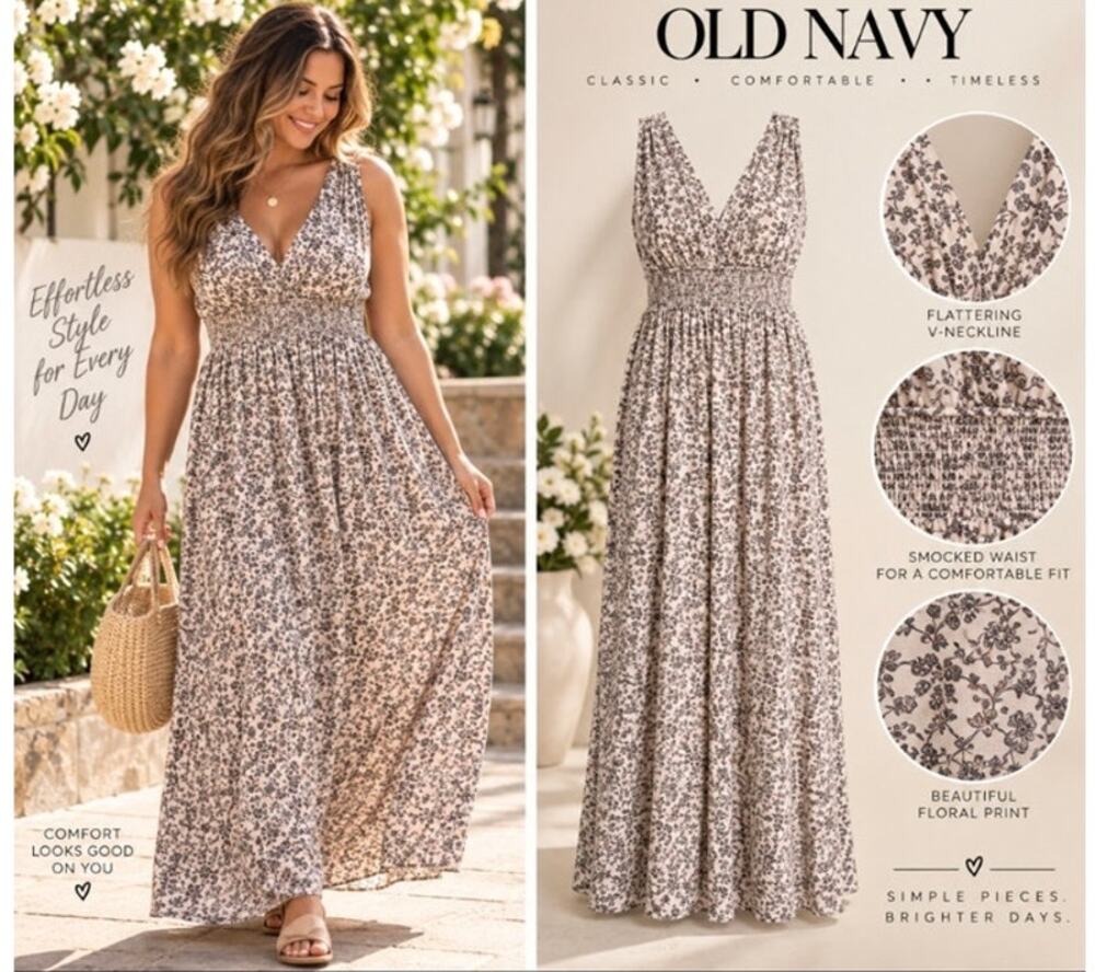 Old Navy Floral Smocked Waist V-Neck Maxi Dress XL